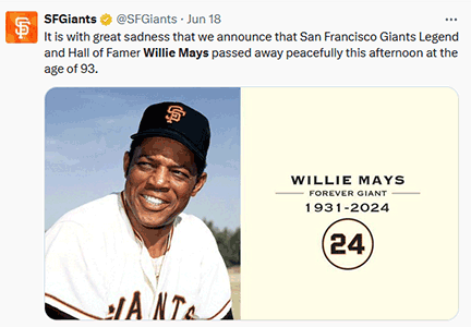 Lawmakers Look to Designate ‘Willie Mays Highway’